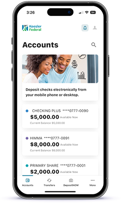 Mobile phone with banking information on screen.