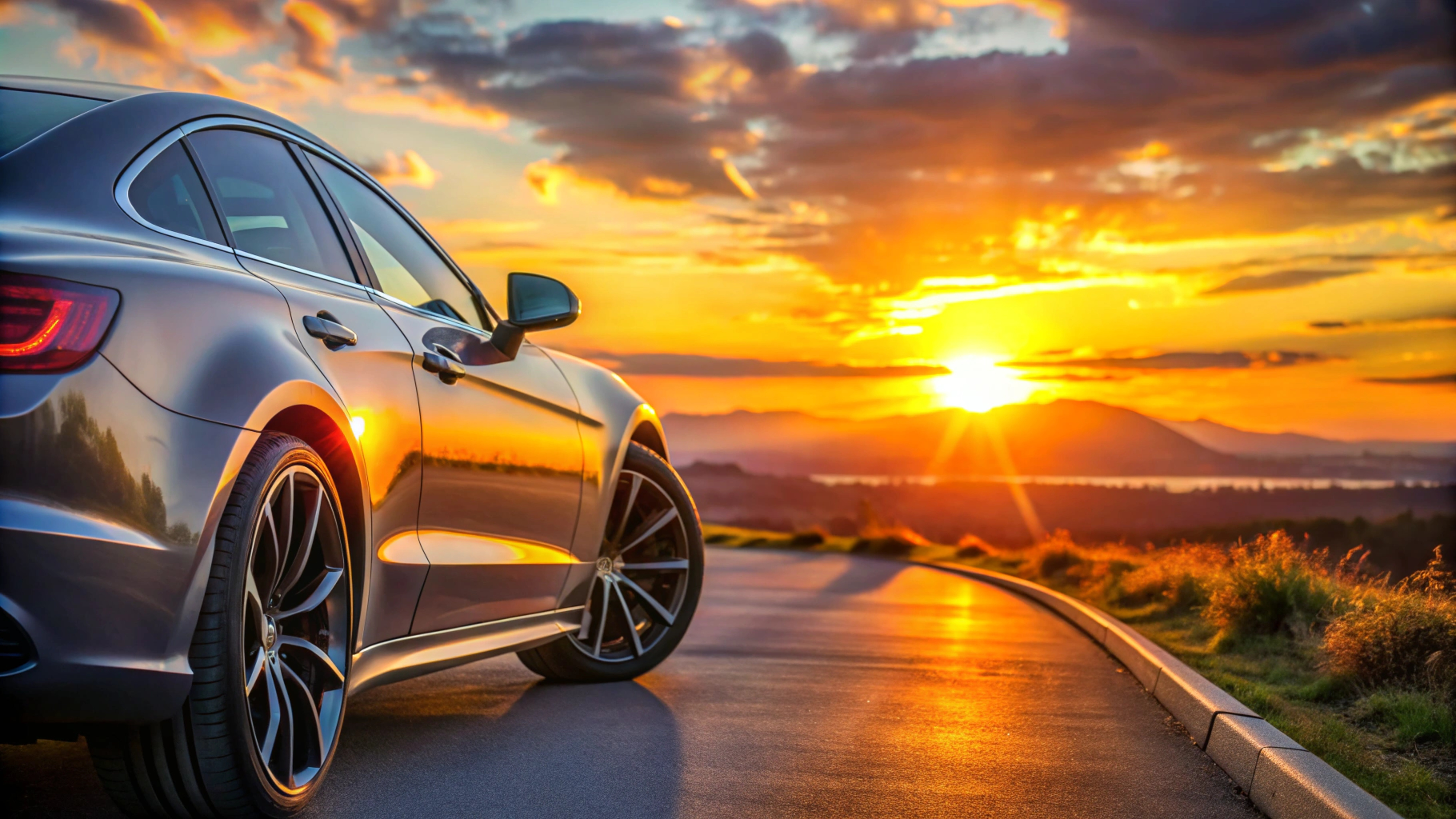 New car on the road at sunset.