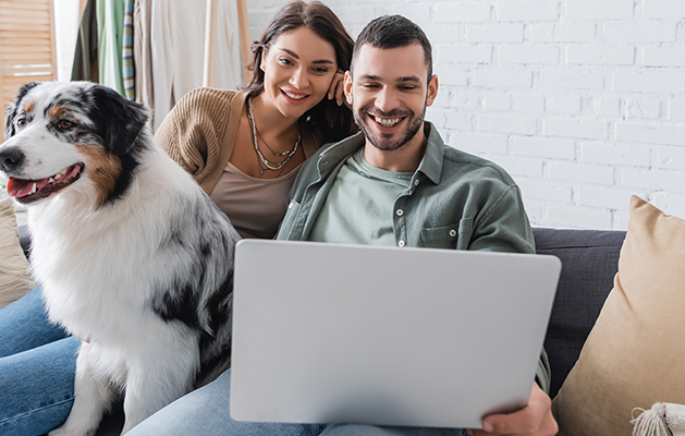 Couple on a couch with a laptop and a dog.
