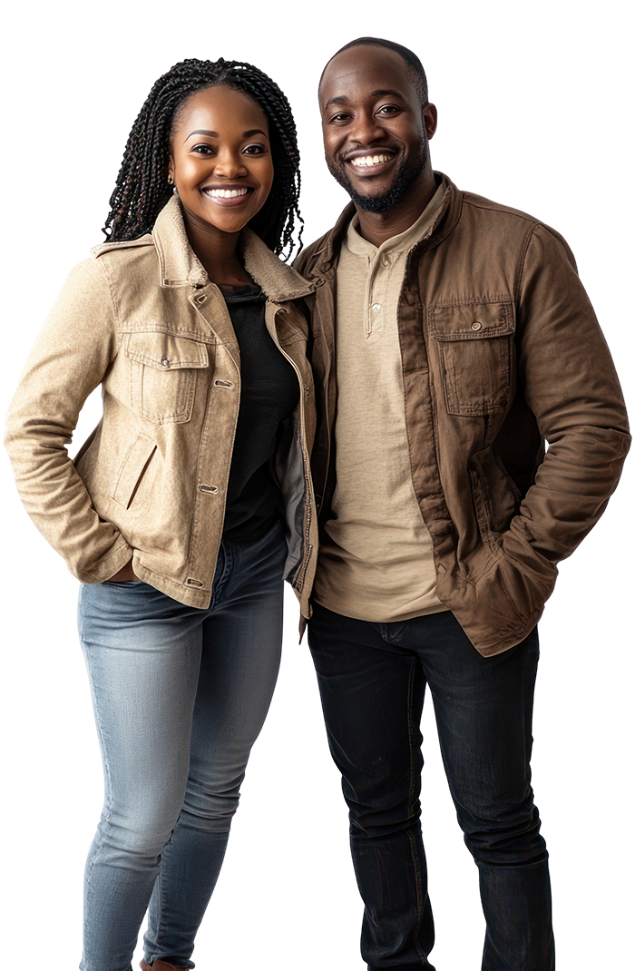 Black couple smiling for the camera.