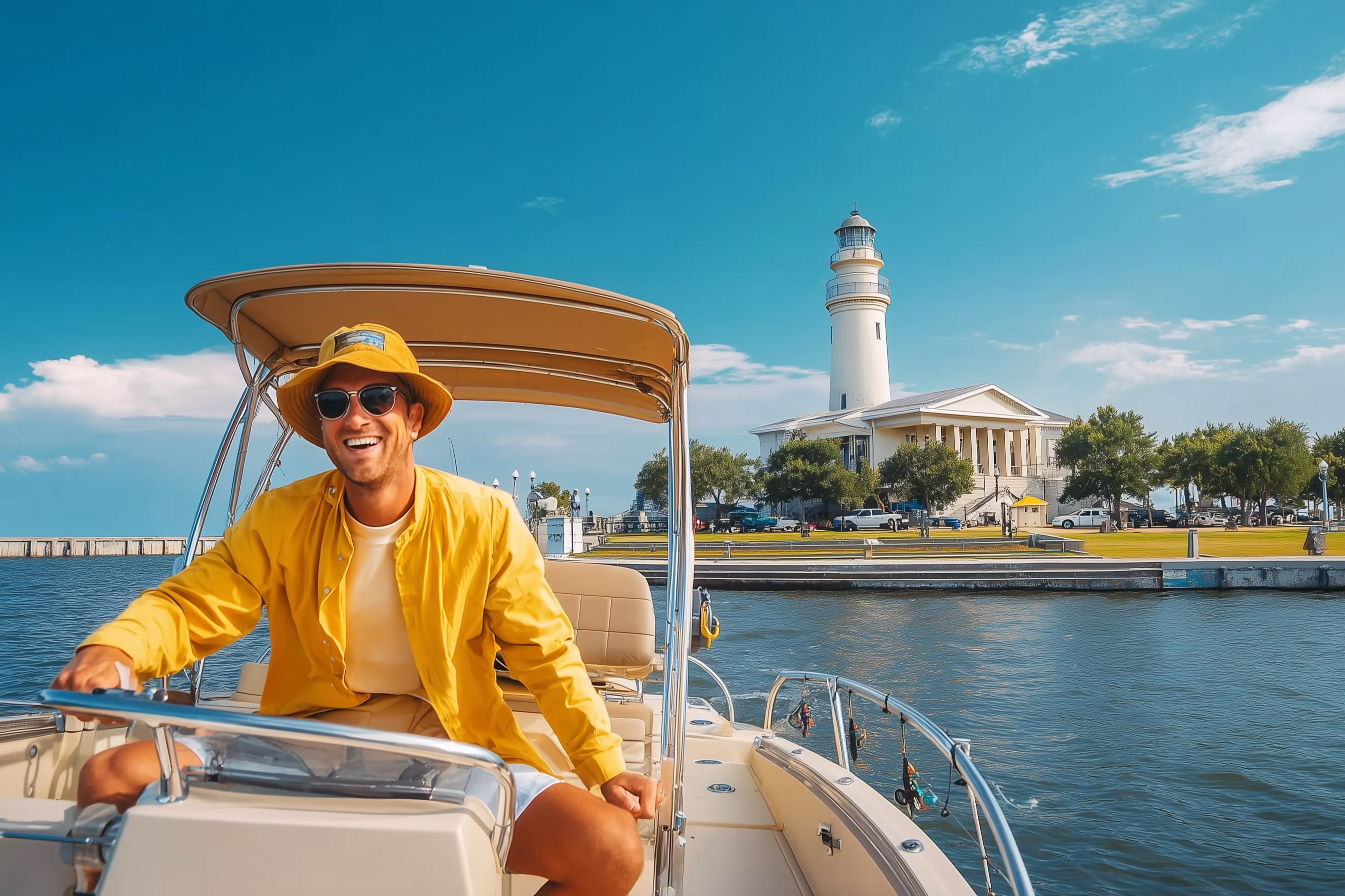 boat with lighthouse in distance